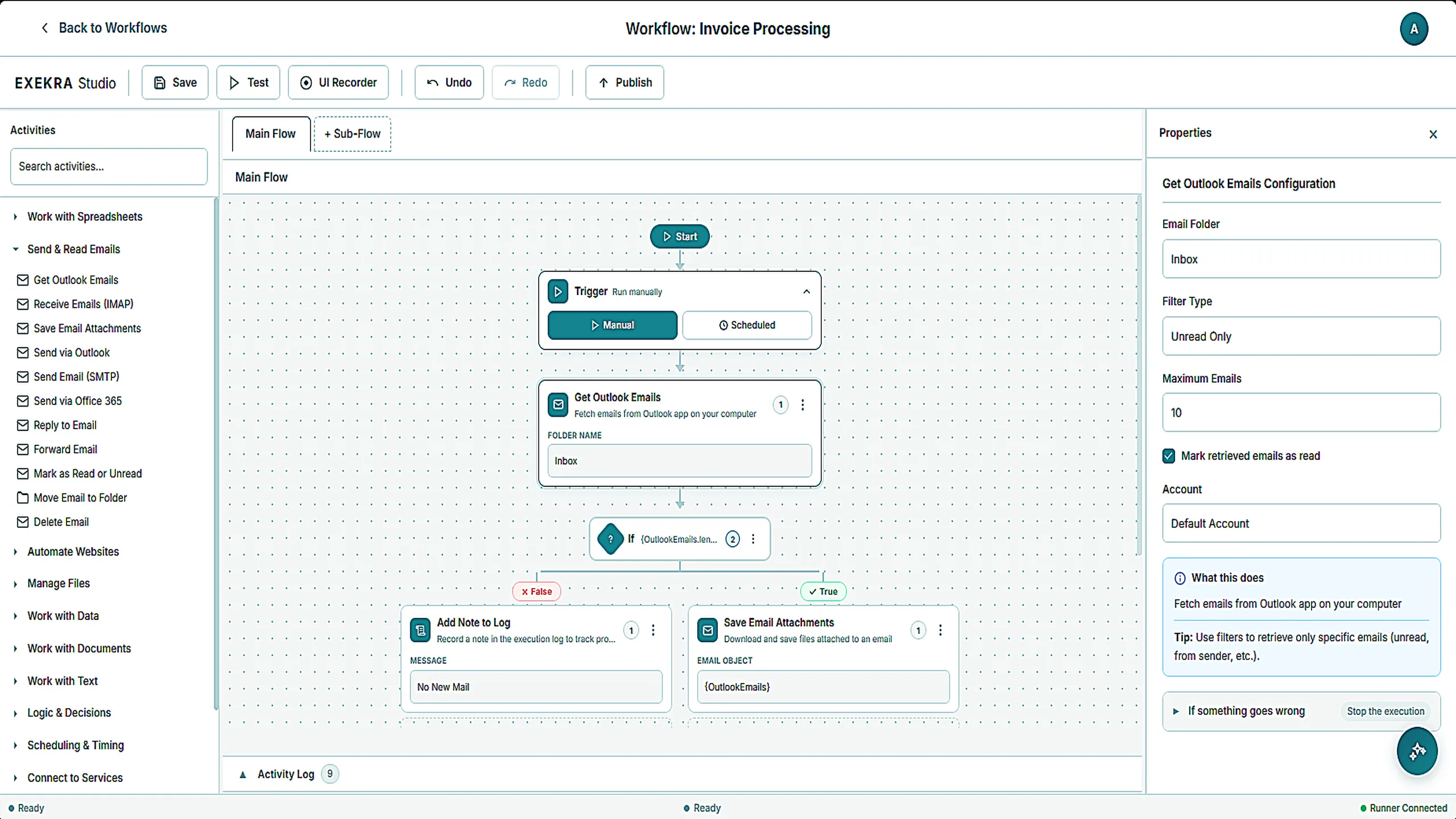 Exekra Studio visual workflow designer with drag and drop activities, properties panel, and console